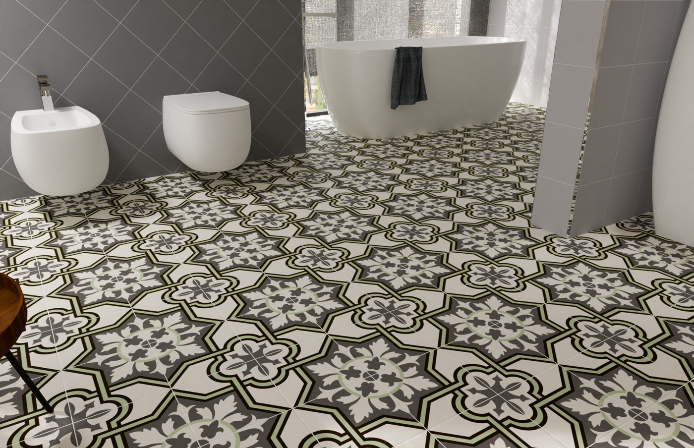Imagen de ambiente de azulejos imitación hidráulico Cibeles Verde como suelo para baño