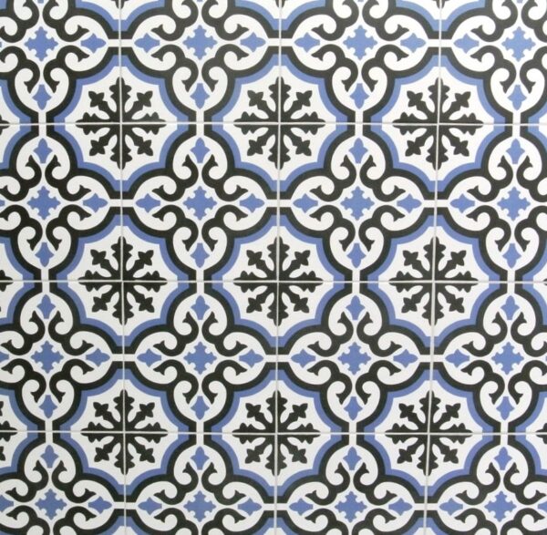 Imagen de detalle de azulejos imitación hidráulico Cosenza Azul como suelo decorativo