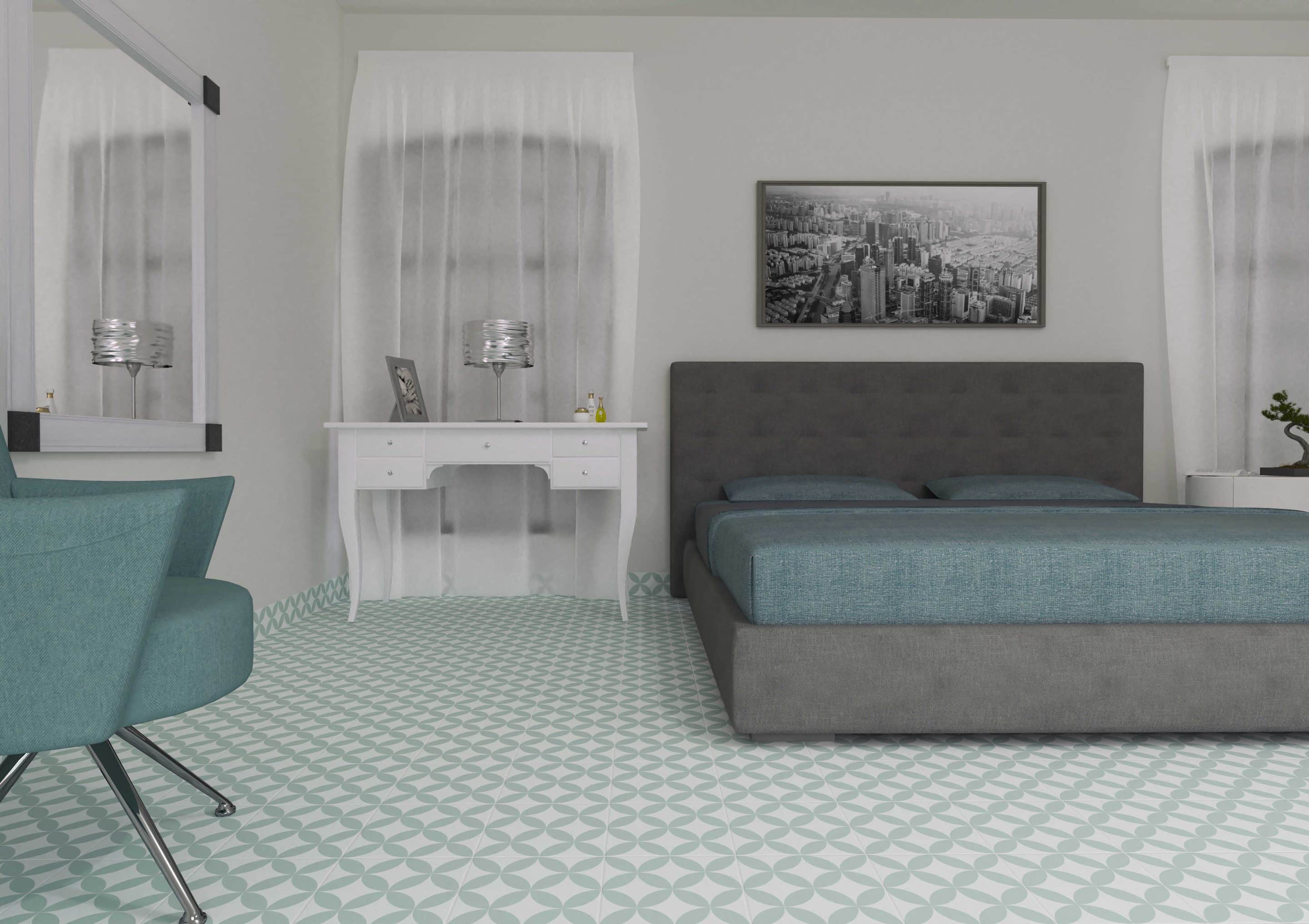 Imagen de ambiente de azulejos imitación hidráulico Tokio Verde como suelo para dormitorio
