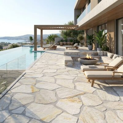 Terraza de lujo con suelo de cerámica Montesa Óxido junto a piscina infinita y vistas al mar.