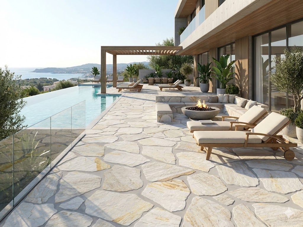Terraza de lujo con suelo de cerámica Montesa Óxido junto a piscina infinita y vistas al mar.