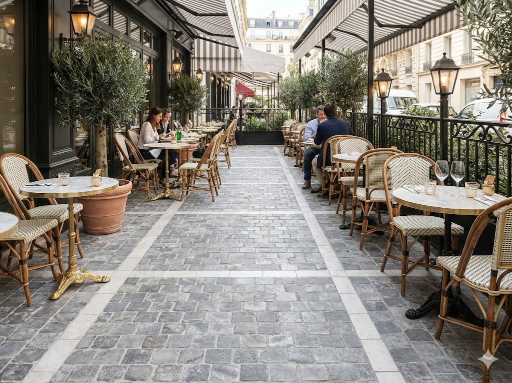 Suelo de porcelánico imitación piedra gris country en una terraza de cafetería con mesas.
