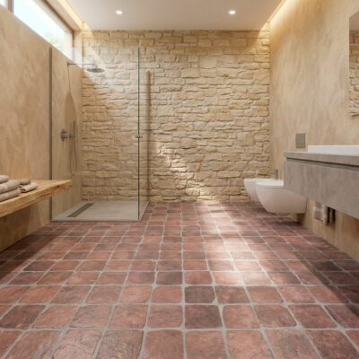 Baño con suelo cerámico efecto piedra rodeno, ducha de cristal y paredes de piedra.