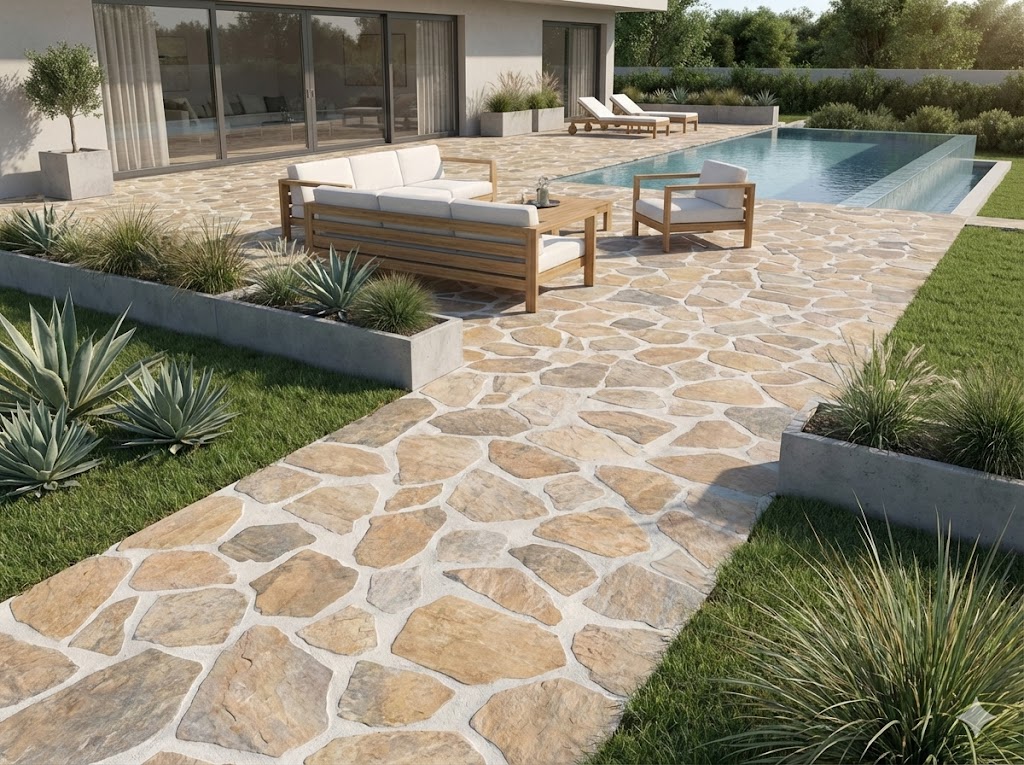 Patio y camino de suelo porcelánico marrón con forma irregular en un jardín con piscina.