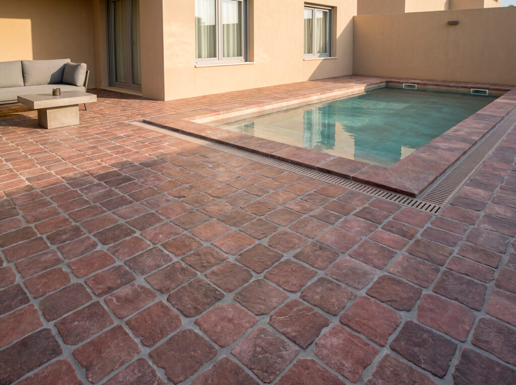 Patio exterior con suelo porcelánico efecto piedra rodeno rodeando una piscina.