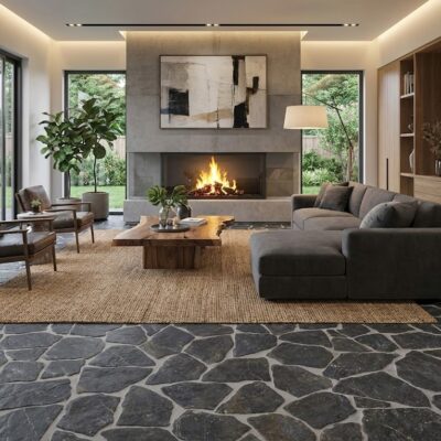 Suelo porcelánico rústico antracita en un salón con chimenea y vistas al jardín.