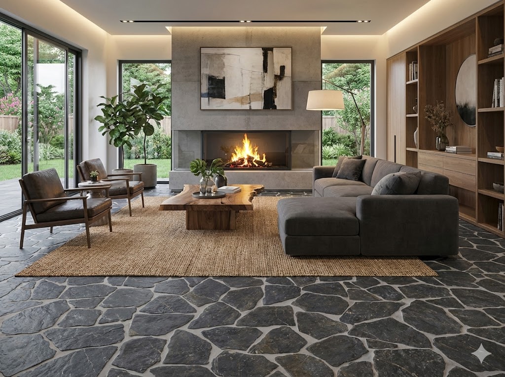 Suelo porcelánico rústico antracita en un salón con chimenea y vistas al jardín.