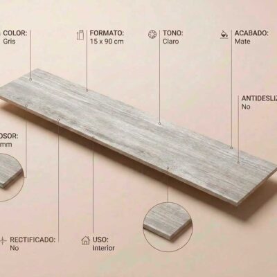 Porcelanico Baer Gris 15x90 cm, baldosa rectangular gris claro con textura de madera.