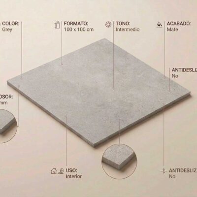 Baldosa porcelánica gris Bolton Grey de 100x100 cm con acabado mate y borde rectificado.