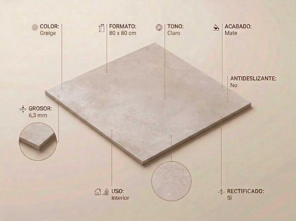 Porcelánico Derek Greige 80×80 cm MT 6 mm Rect