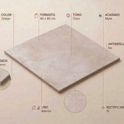 Porcelanico Derek Greige 80x80 cm mate. Grosor 6.3mm, uso interior y rectificado.