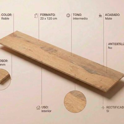 Suelo porcelánico Dexter Roble 23x120 cm con veteado de madera clara y acabado mate.