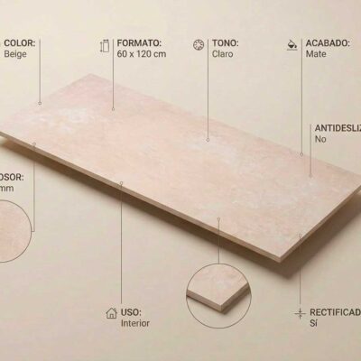 Azulejo porcelánico beige mate rectificado de 60x120 cm. Se aprecian su textura y borde.