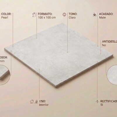 Baldosa porcelánica Feroe Pearl de 100x100 cm con acabado mate y tono claro.