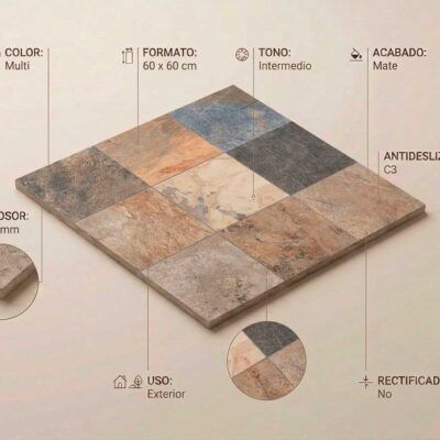 Baldosa porcelánica Ilab Multi de 60x60 cm con acabado mate y antideslizante C3. Presenta una mezcla de tonos tierra y grises.