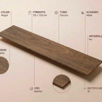 Suelo porcelanico nogal oscuro de 23x120 cm con acabado mate