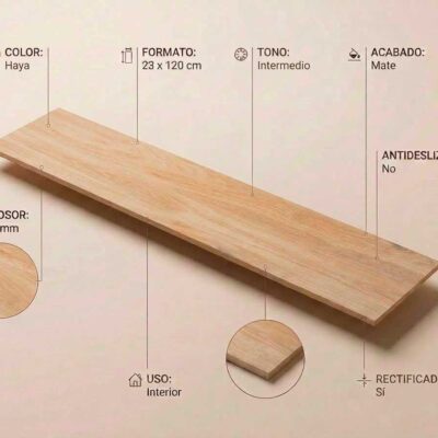 Baldosa porcelánica Meriadoc Haya 23x120 cm, efecto madera clara y acabado mate