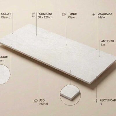 Azulejo porcelánico blanco mate de 60x120 cm con bordes rectificados.