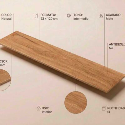 Porcelanico Nuuk Natural 23x120 cm con acabado mate y textura de madera. Es un suelo porcelanico.