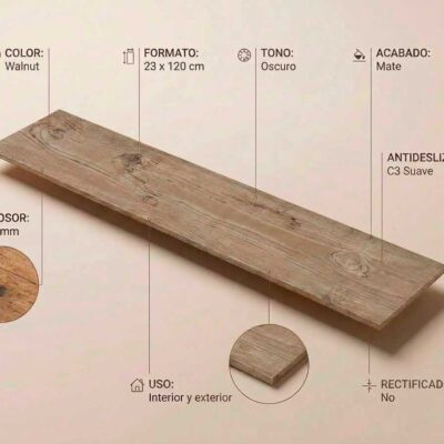 Placa de porcelánico Olson Walnut 23x120 cm con acabado mate y antideslizante C3.