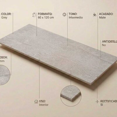Baldosa de suelo porcelánico Sumum Grey 60x120 cm con acabado mate y borde rectificado.