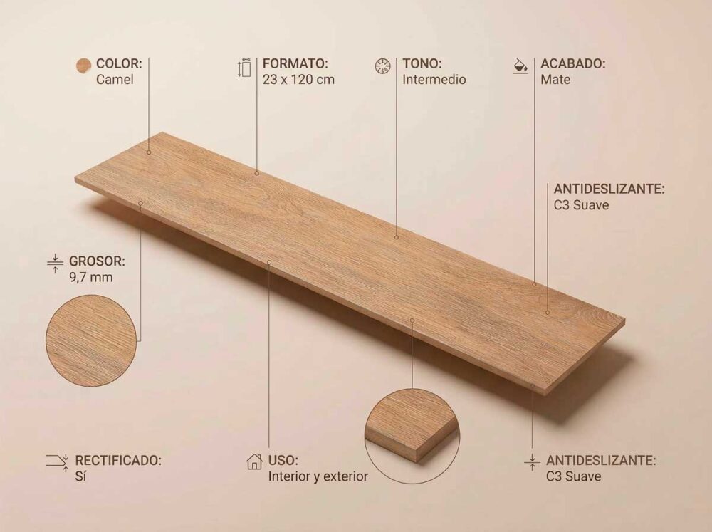 Porcelánico Tacora Camel 23×120 cm MT Rect Inout