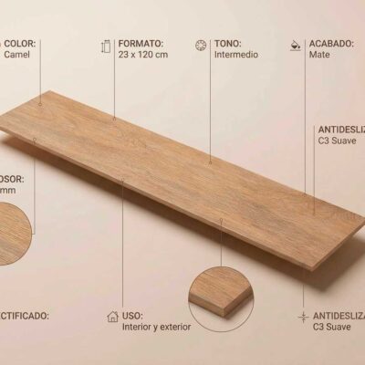 Una losa de porcelánico Tacora Camel de 23x120 cm con acabado mate y vetas de madera. Es rectificado y antideslizante C3.