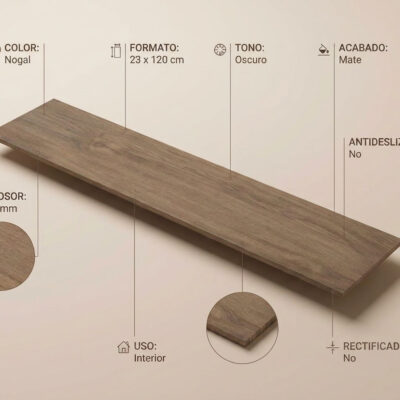 Se muestra una baldosa de porcelanico Tyler Nogal 23x120 cm con textura madera oscura y acabado mate.