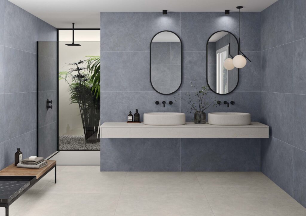 gres porcelánico baño Pursue blue ambiente