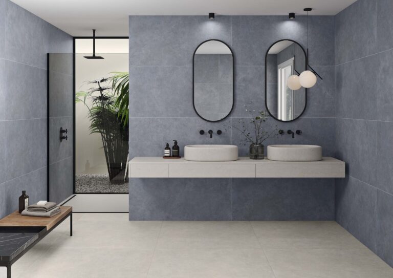 gres porcelánico baño Pursue blue ambiente