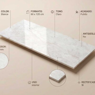 Azulejo cerámico Doncella White 60x120 cm pulido rectificado con efecto lumiere natural.