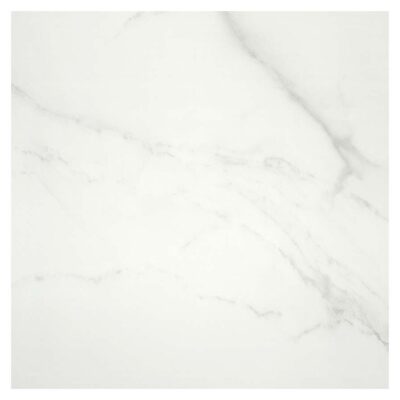 Foto de producto de un azulejo cuadrado Lumiere White, que muestra un sutil efecto de mármol blanco con suaves vetas grises en diagonal.