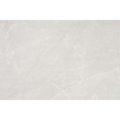 Foto de producto de un azulejo rectangular Milden Pearl, que muestra un efecto de mármol gris perla con una fina red de vetas blancas.