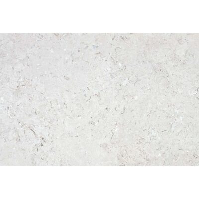 Baldosa Caliope White con efecto piedra, presentando una base muy clara con sutiles incrustaciones o detalles fosilíferos.