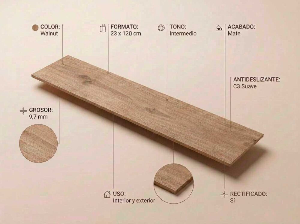 Porcelánico Rigel Walnut 23×120 cm MT Rect Inout