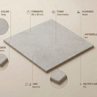 Baldosa porcelánica Bolton Grey 60x60 cm mate para interior, con 9,5 mm de grosor.