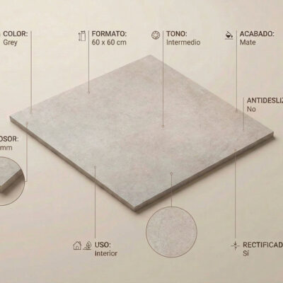 Azulejo porcelánico gris mate 60x60 cm con bordes rectificados y 9.5 mm de grosor.
