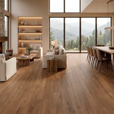 Suelo porcelánico nogal en un salón moderno con chimenea de piedra