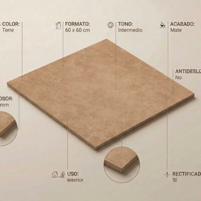 Un suelo porcelánico Pursue Terre de 60x60 cm con acabado mate y tono tierra.