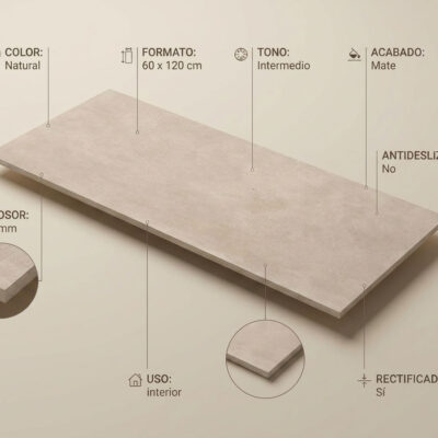 Un suelo porcelánico efecto cemento Bolton Natural de 60x120 cm con acabado mate.