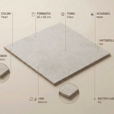 Suelo porcelánico Bolton Pearl 60x60 cm de tono claro y acabado mate efecto cemento.