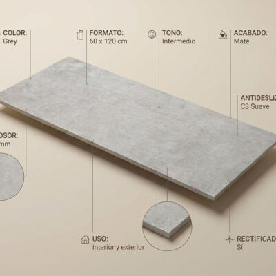 Suelo porcelánico gris efecto cemento mate de 60x120 cm para interior y exterior.