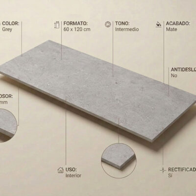 Baldosa porcelánica efecto cemento Flax Grey de 60x120 cm con acabado mate.