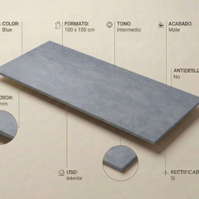 Un suelo porcelanico azul grisáceo efecto cemento de 100x100 cm con acabado mate.