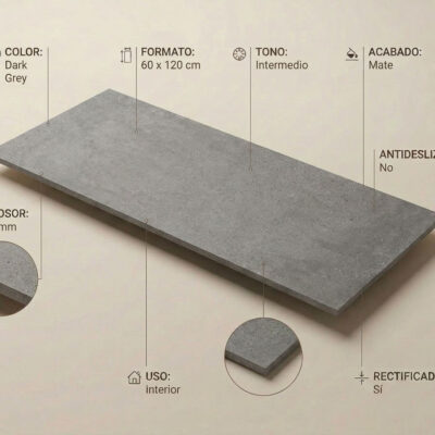 Azulejo porcelánico gris oscuro de 60x120 cm con textura efecto cemento y bordes rectificados.