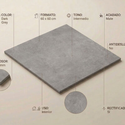 Suelo porcelánico Pursue Dark Grey 60x60 cm con efecto cemento y acabado mate.