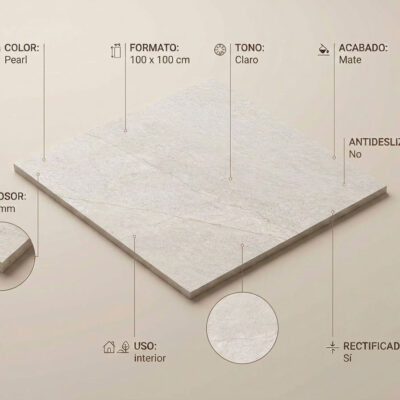 Suelo porcelánico gris perla Sumum Pearl 100x100 cm con acabado mate y borde rectificado.