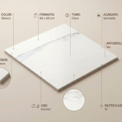 Baldosa rectangular de gres porcelánico blanco con veteado gris claro, formato 60x60 cm, acabado satinado y rectificado, superficie pulida con efecto mármol natural.