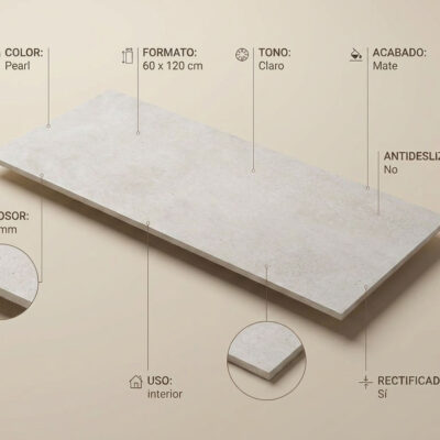 Porcelanato de 60 x 120 cm Bolton Pearl mate rectificado con textura cemento.