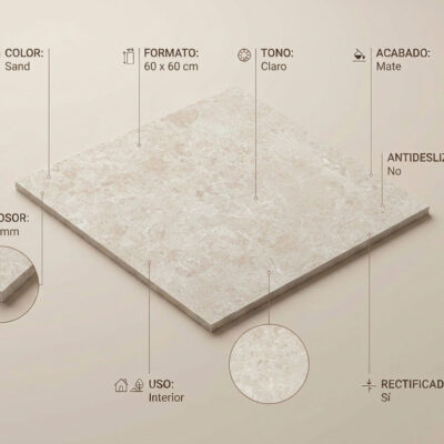 Pieza rectangular de gres porcelánico efecto mármol en tonos arena claros con textura veteada y acabado mate rectificado, formato 60×60 cm.